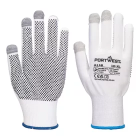   Portwest A118 Grip 13 PVC pöttyözött tenyérmártott érintőképernyős munkavédelmi kesztyű - 12 pár - Fehér/Szürke