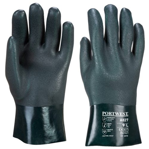 Portwest A827 duplán PVC mártott bélelt vízálló vegyszerálló munkavédelmi kesztyű - 27cm - Zöld