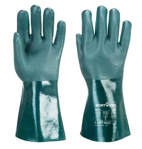 Portwest A835 duplán PVC mártott hosszított bélelt vízálló vegyszerálló munkavédelmi kesztyű - 35cm - Zöld