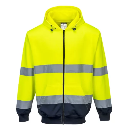 Portwest B317 Hi-Vis kéttónusú cipzáras kapucnis vasúti jól láthatósági munkavédelmi pulóver - Narancs/Navy  