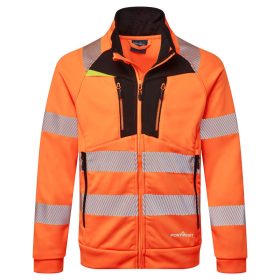   Portwest DX477 Hi-Vis cipzáras sztreccs vasúti jól láthatósági munkavédelmi pulóver - Narancs/Fekete 