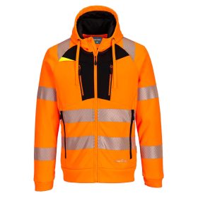   Portwest DX484 Hi-Vis kapucnis cipzáros sztreccs vasúti jól láthatósági munkavédelmi pulóver - Narancs/Fekete