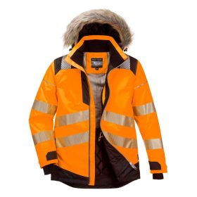   Portwest PW369 Hi-Vis Parka vízálló jól láthatósági munkavédelmi télikabát - Narancs/Fekete