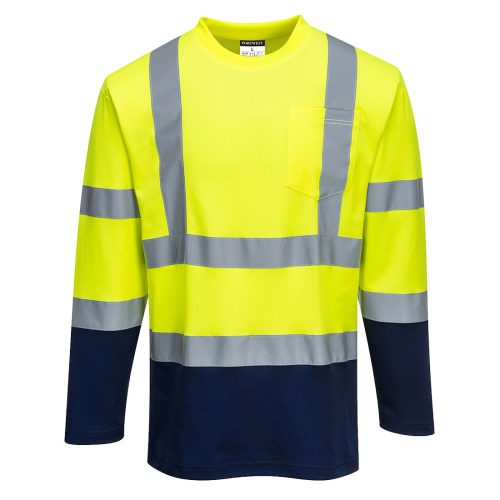 Portwest S280 Hi-Vis Cotton Comfort hosszú ujjú jól láthatósági munkavédelmi póló - Sárga/Navy