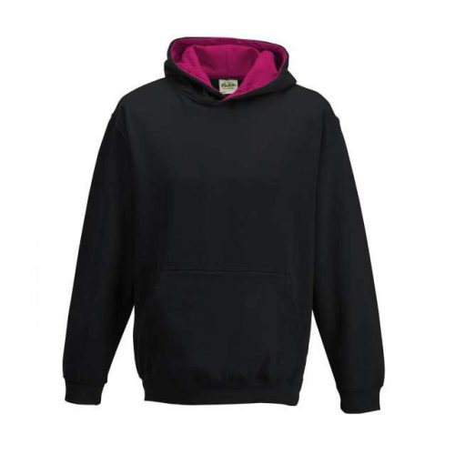 Just Hoods AWJH003J Varsity gyerek pamut kapucnis pulóver - Jet Black/Hot Pink