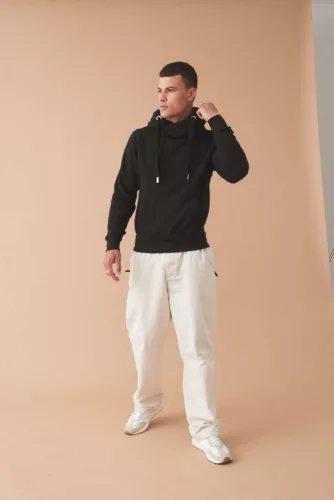 Just Hoods AWJH021 pamut keresztpántos nyakú kapucnis pulóver - Jet Black