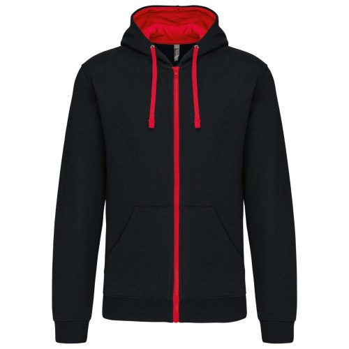 Kariban KA466 Contrast férfi pamut cipzáros kapucnis pulóver -  Black/Red