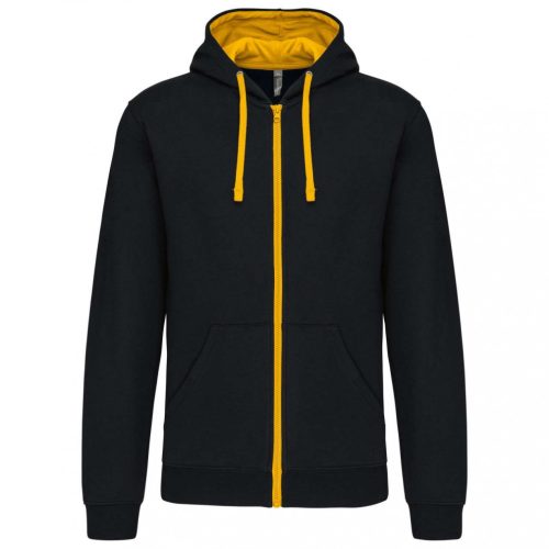 Kariban KA466 Contrast férfi pamut cipzáros kapucnis pulóver -  Black/Yellow