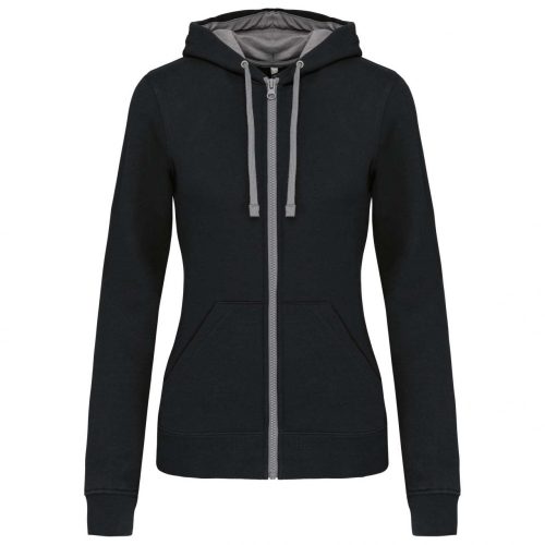 Kariban KA467 Contrast női pamut cipzáros kapucnis pulóver - Black/Fine Grey