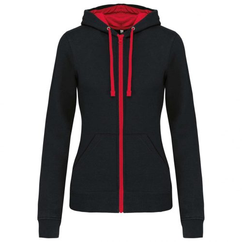 Kariban KA467 Contrast női pamut cipzáros kapucnis pulóver - Black/Red