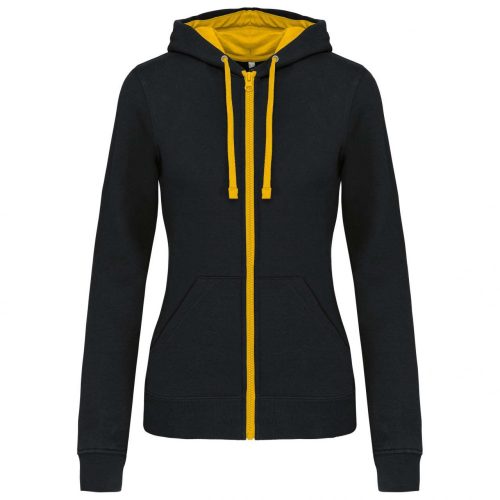 Kariban KA467 Contrast női pamut cipzáros kapucnis pulóver - Black/Yellow