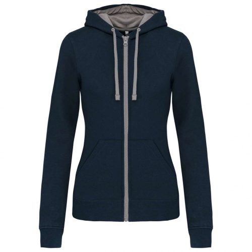Kariban KA467 Contrast női pamut cipzáros kapucnis pulóver - Navy/Fine Grey