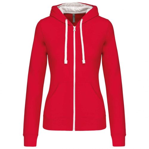 Kariban KA467 Contrast női pamut cipzáros kapucnis pulóver - Red/White